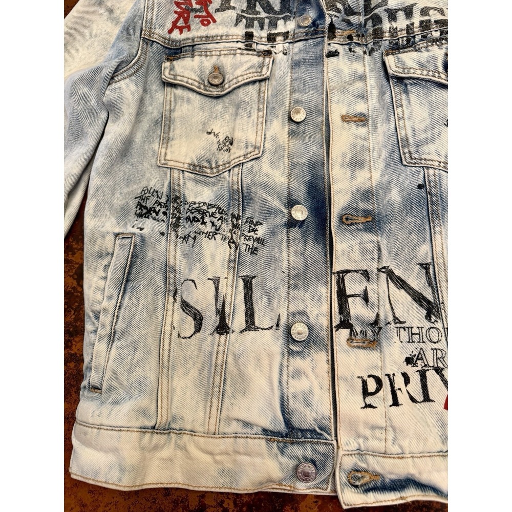 ZARA Women's Y2K Graffiti Artist Distressed Denim Jean Jacket Medium - Picture 4 of 11